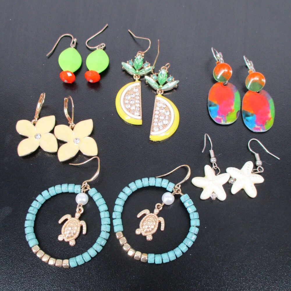 Lot of 6 Pair Bright Dangle Earrings Pierced Boho Beach Enamel Rhinestone